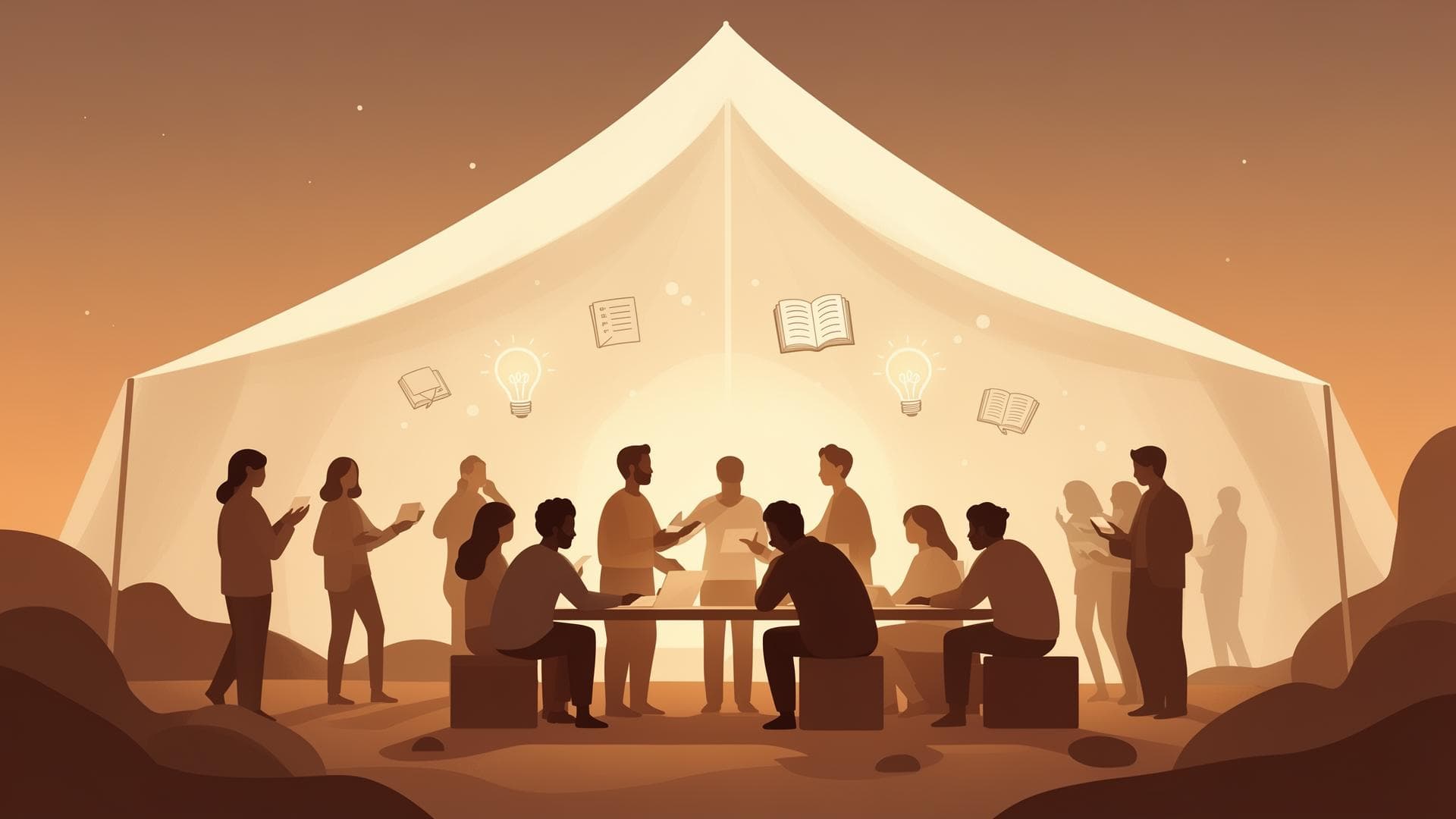 Community gathering under a warm tent